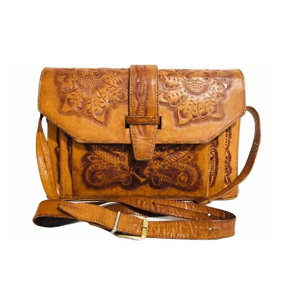 Vintage 70s Tooled Tan Leather Handbag Mexico 11x8